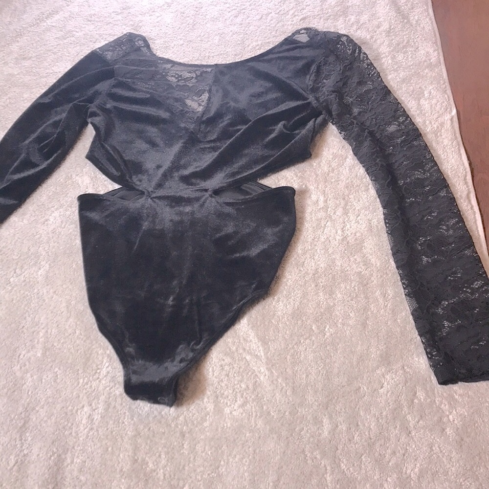 Express Black Velvet and Lace Cut Out Bodysuit